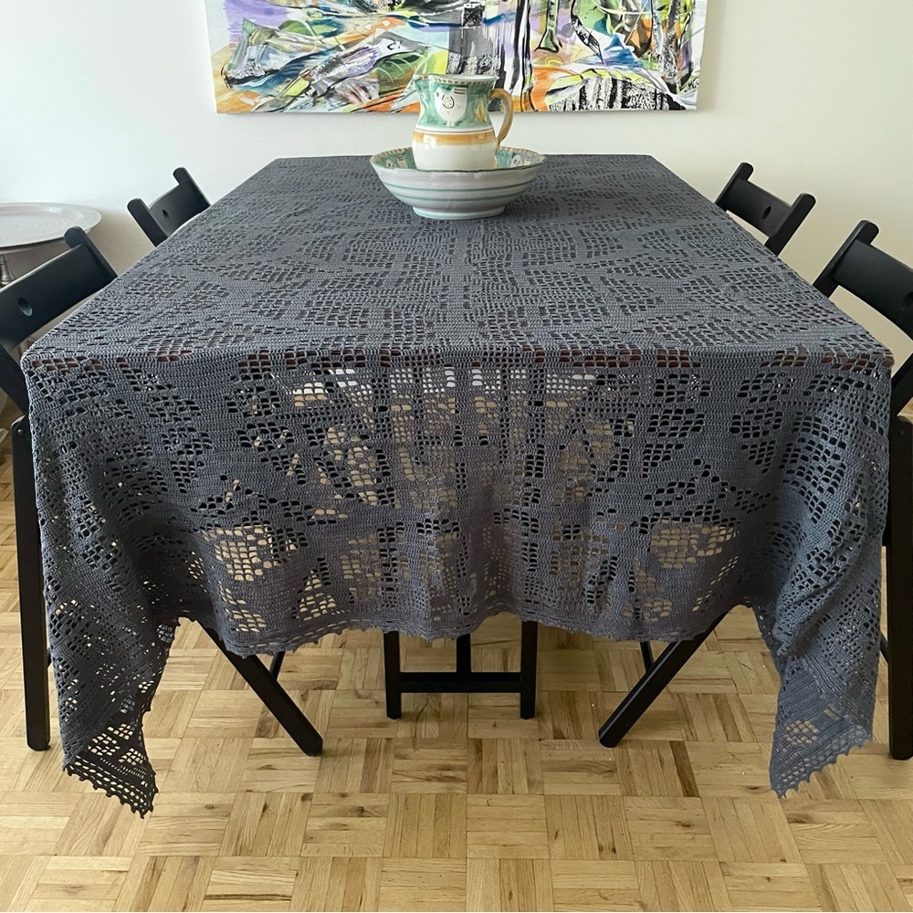 Handcrafted & Dyed Crochet Tablecloth, 75x90” Grey